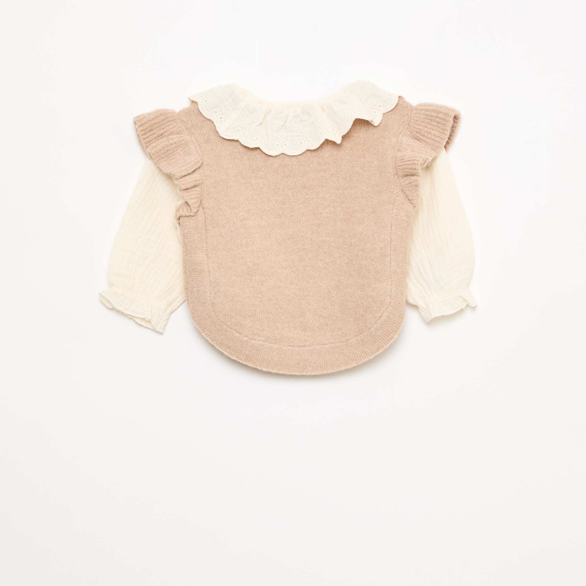 2-in-1 Sweater with Broderie Anglaise Collar BEIGE
