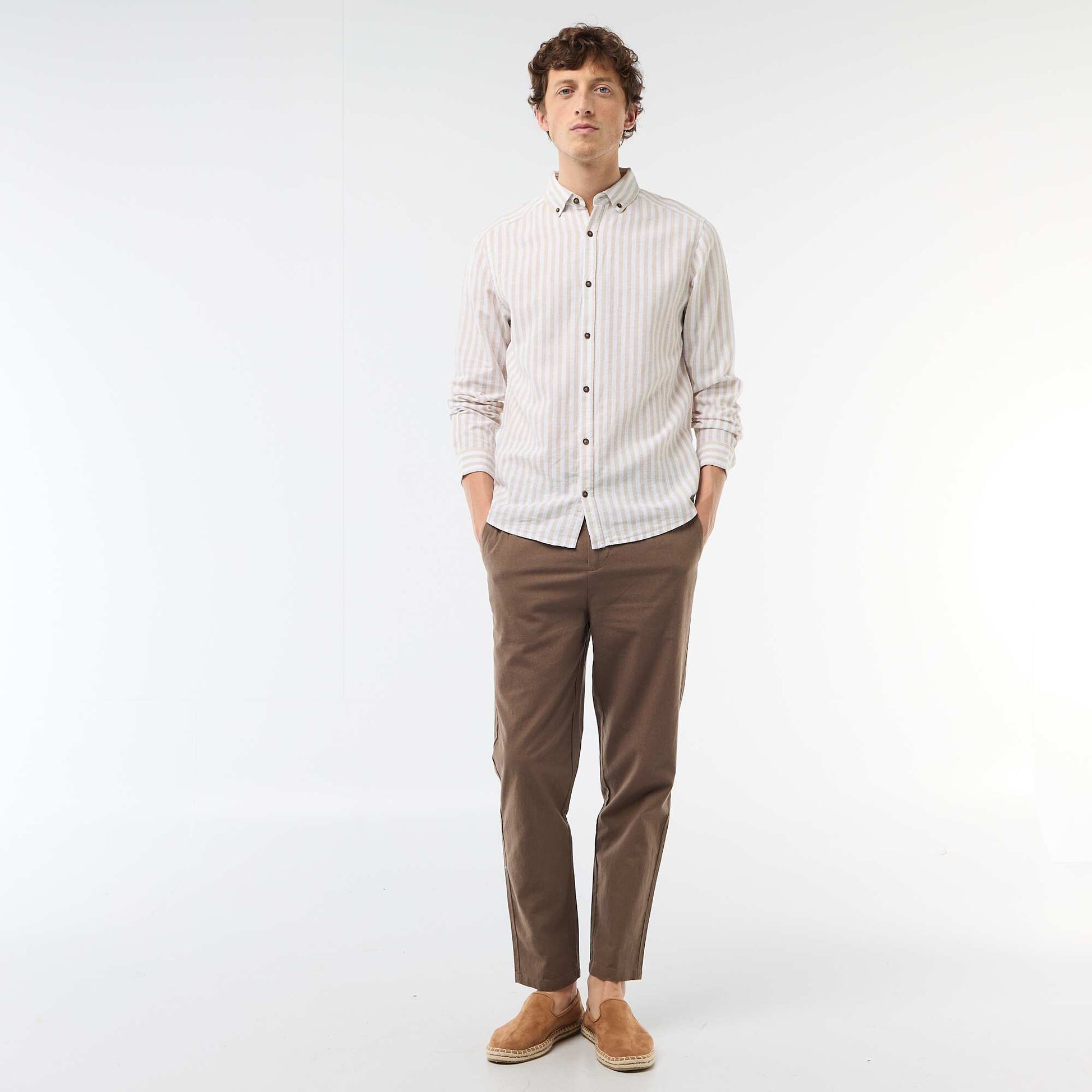 Striped Linen and Cotton Shirt BEIGE