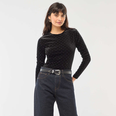 Long-sleeved velvet bodysuit with rhinestones BLACK