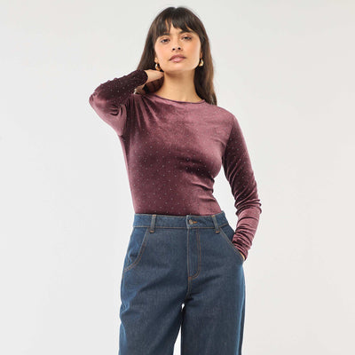 Long-sleeved velvet bodysuit with rhinestones PURPLE