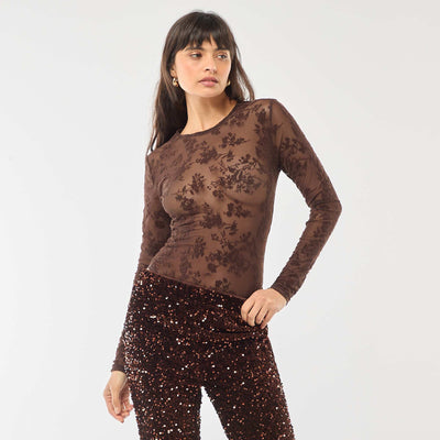 Sheer Velvet Floral Body BROWN
