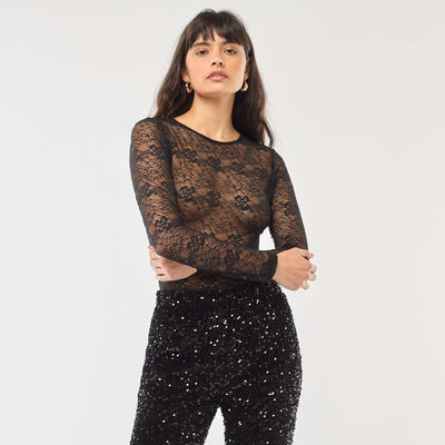 Lace Crew Neck Bodysuit BLACK