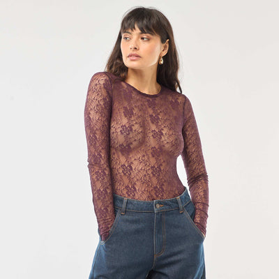 Lace Crew Neck Bodysuit RED