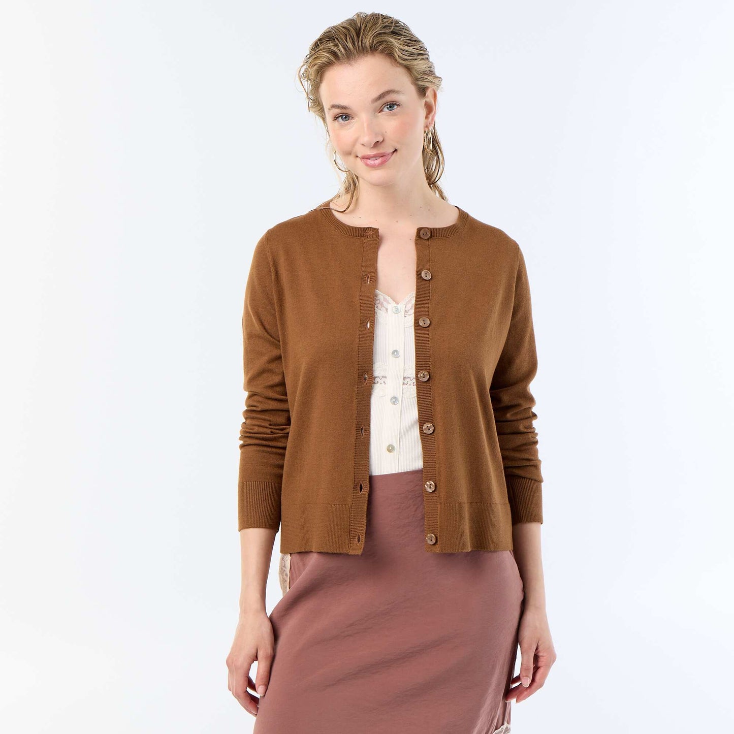 Plain Round Neck Cardigan BROWN