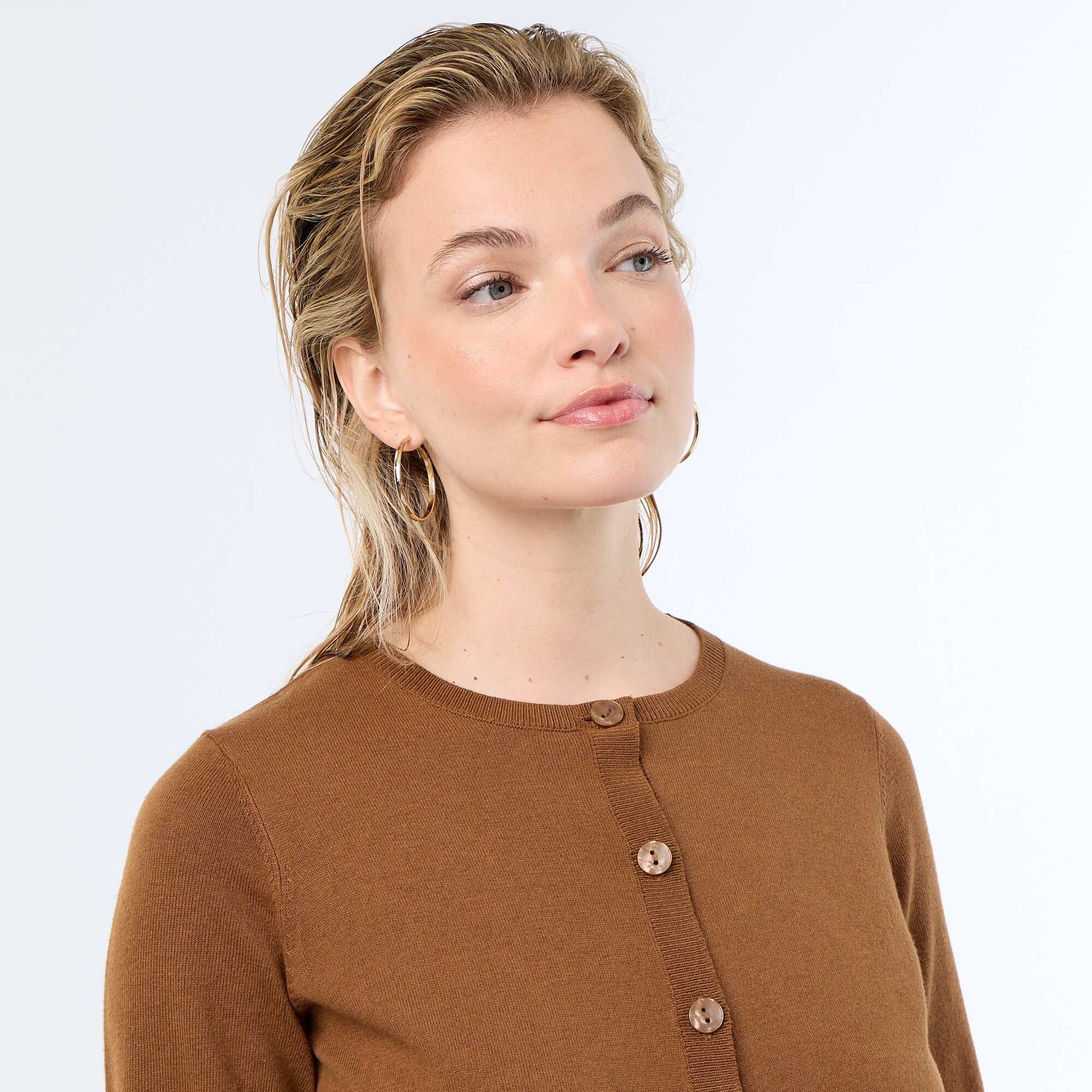 Plain Round Neck Cardigan BROWN