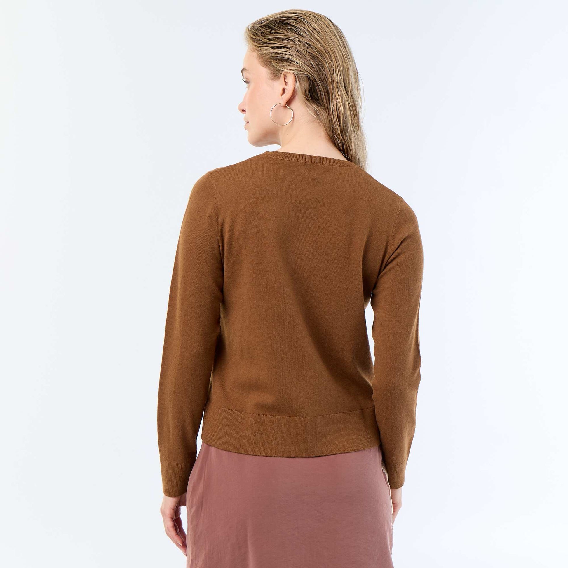 Plain Round Neck Cardigan BROWN
