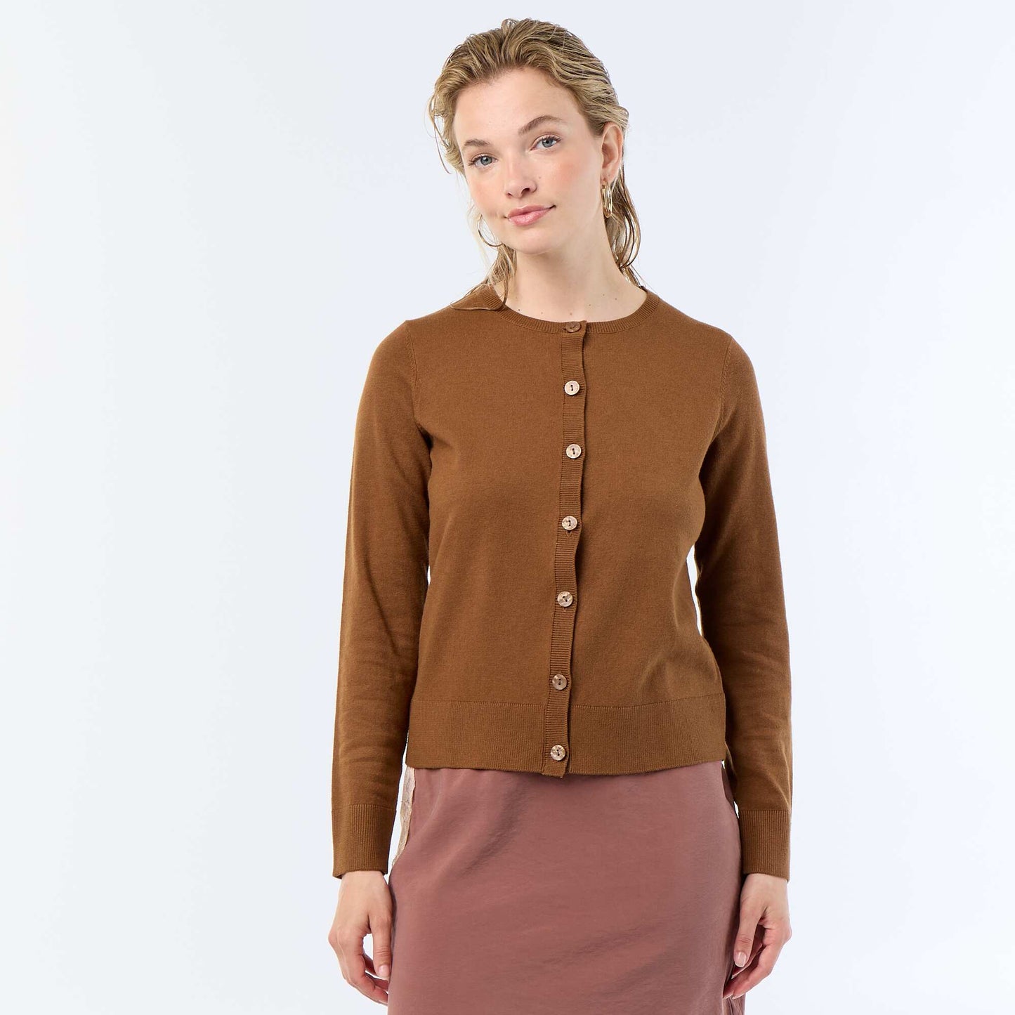 Plain Round Neck Cardigan BROWN