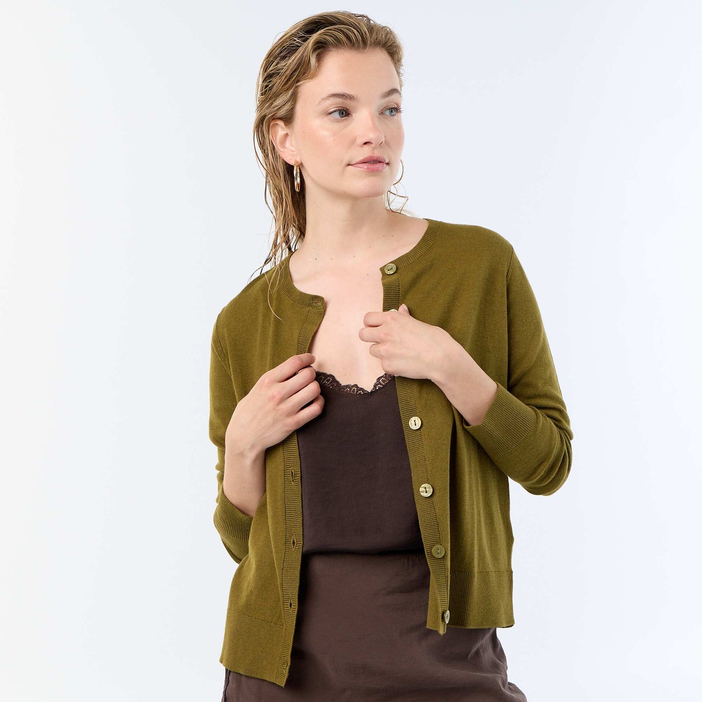 Plain round neck cardigan GREEN