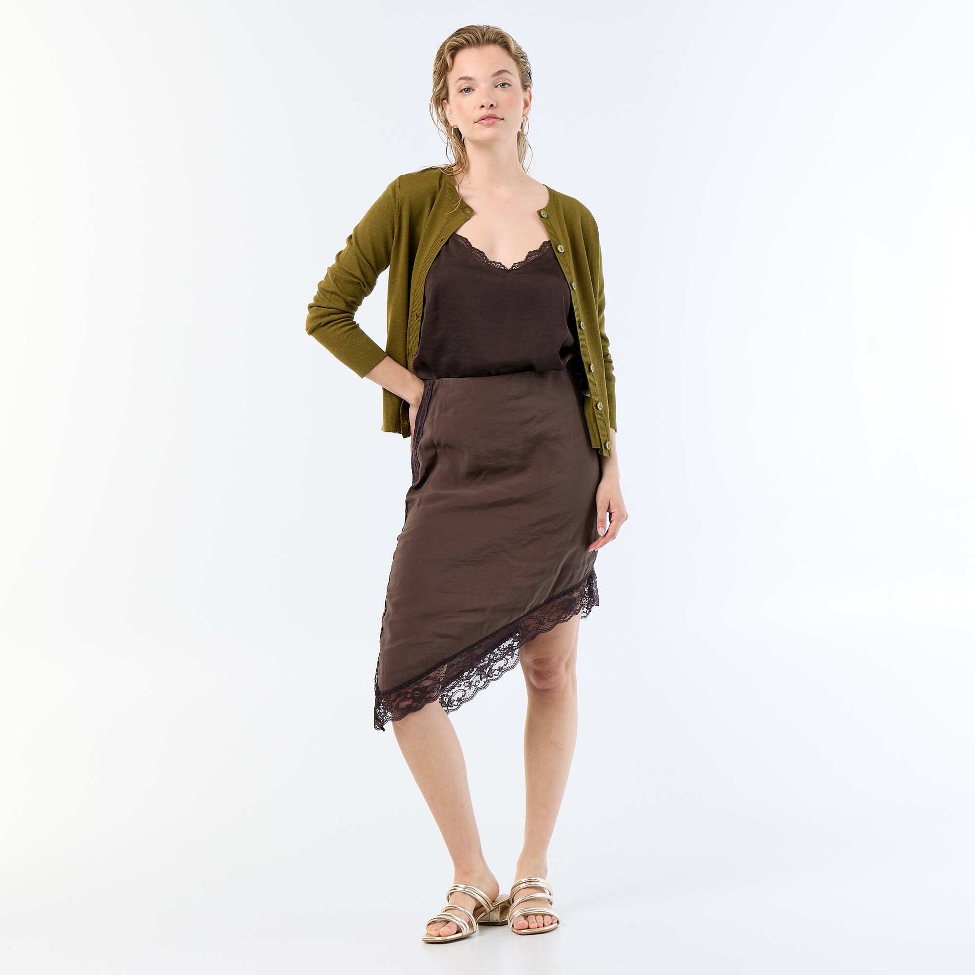 Plain round neck cardigan GREEN