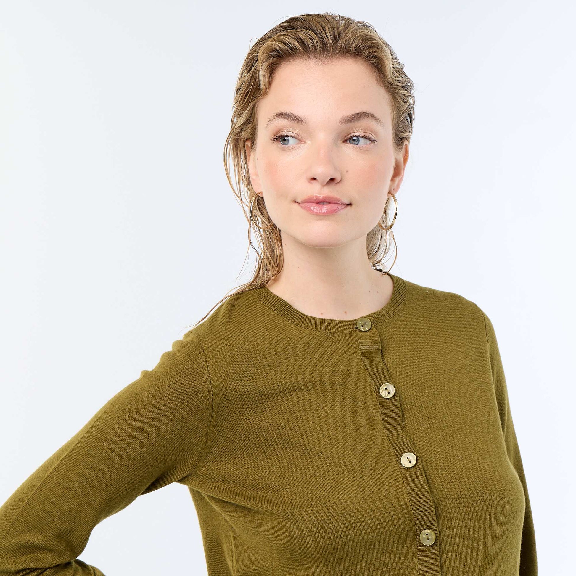 Plain round neck cardigan GREEN