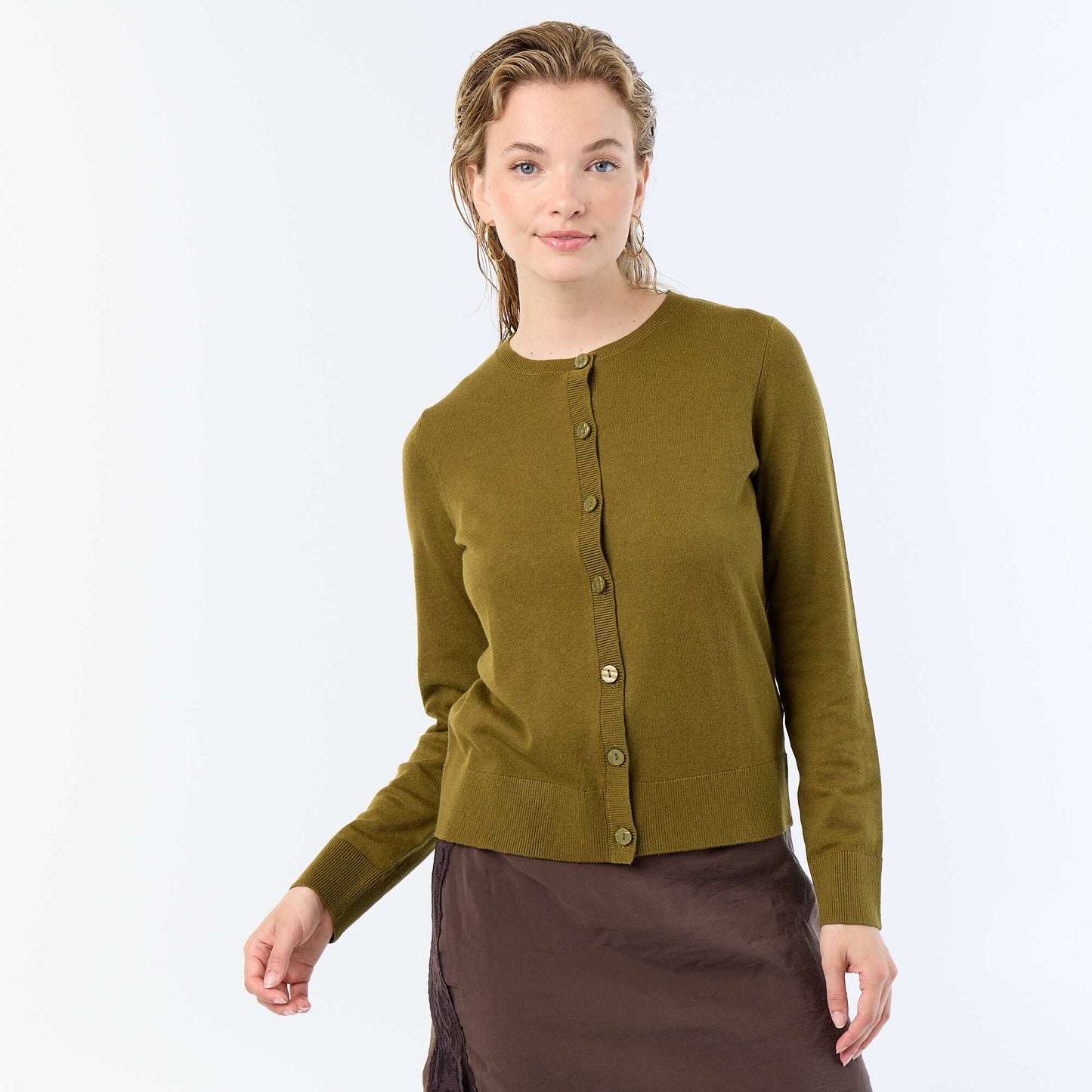 Plain round neck cardigan GREEN