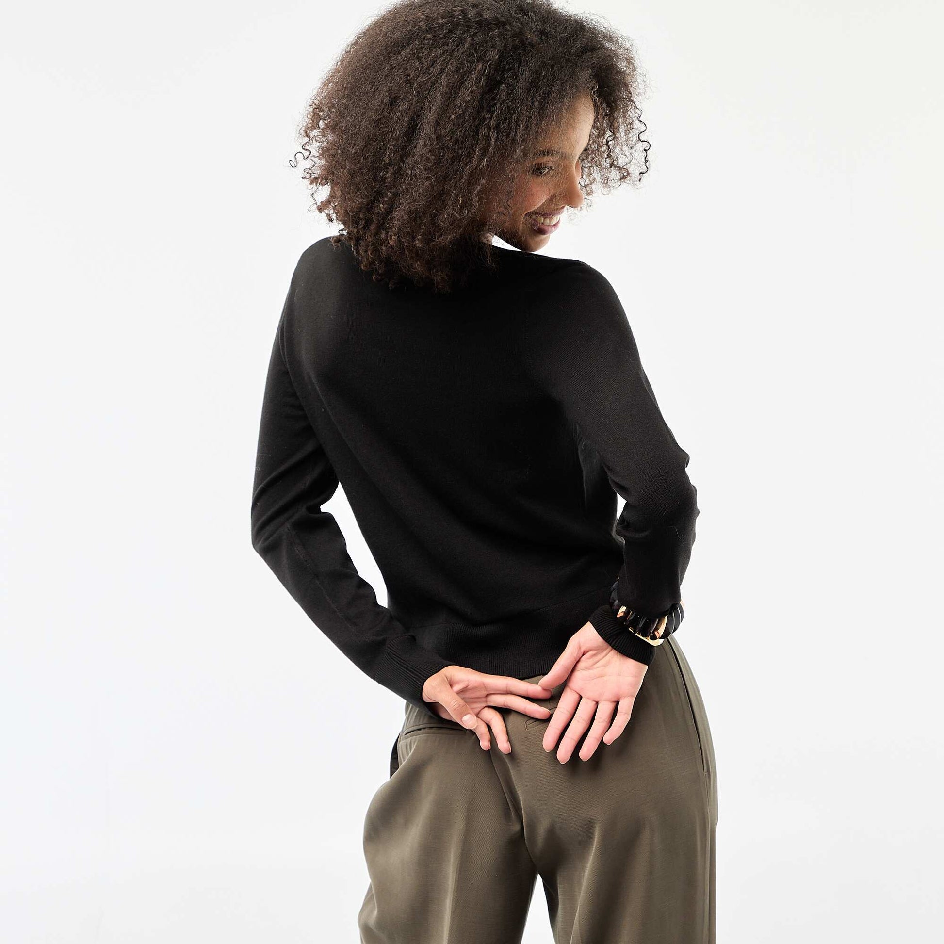 Plain Round Neck Cardigan BLACK