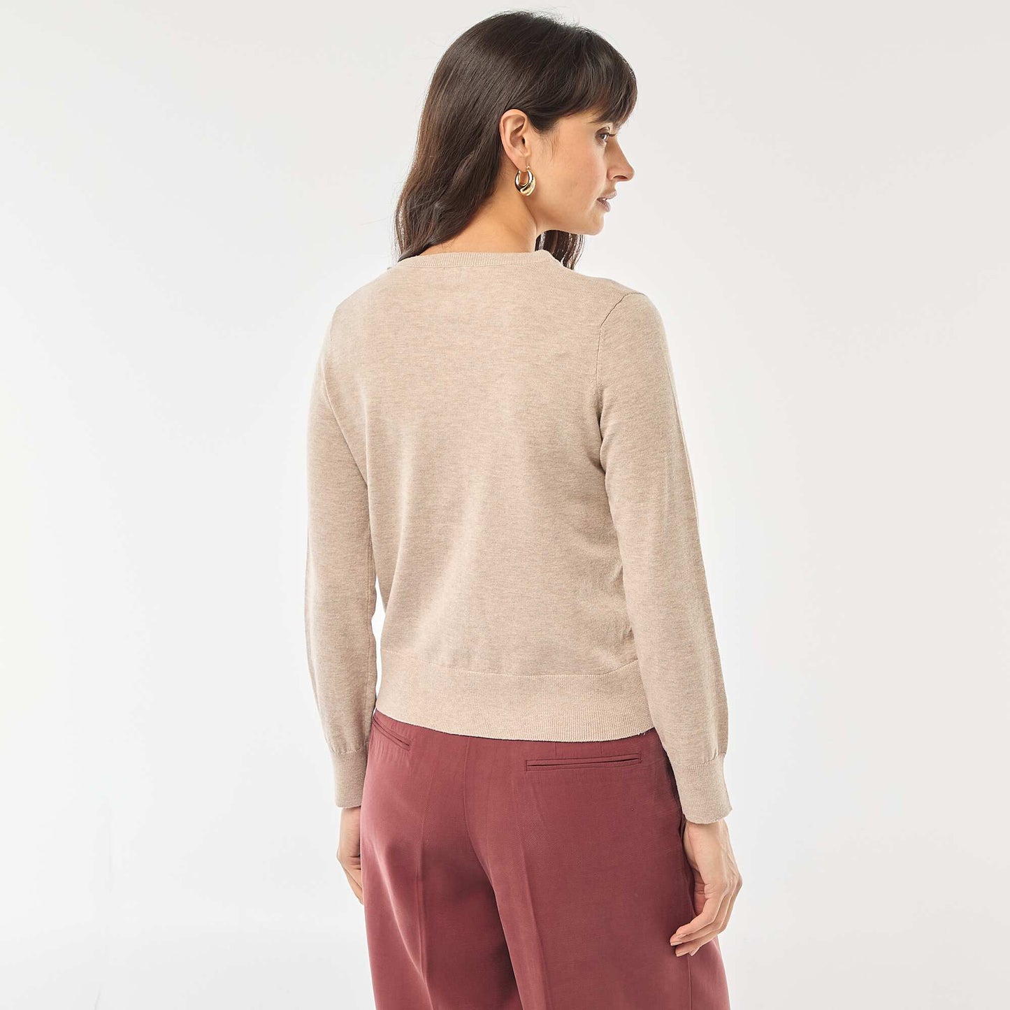 Plain Knit Cardigan with Round Neck BEIGE