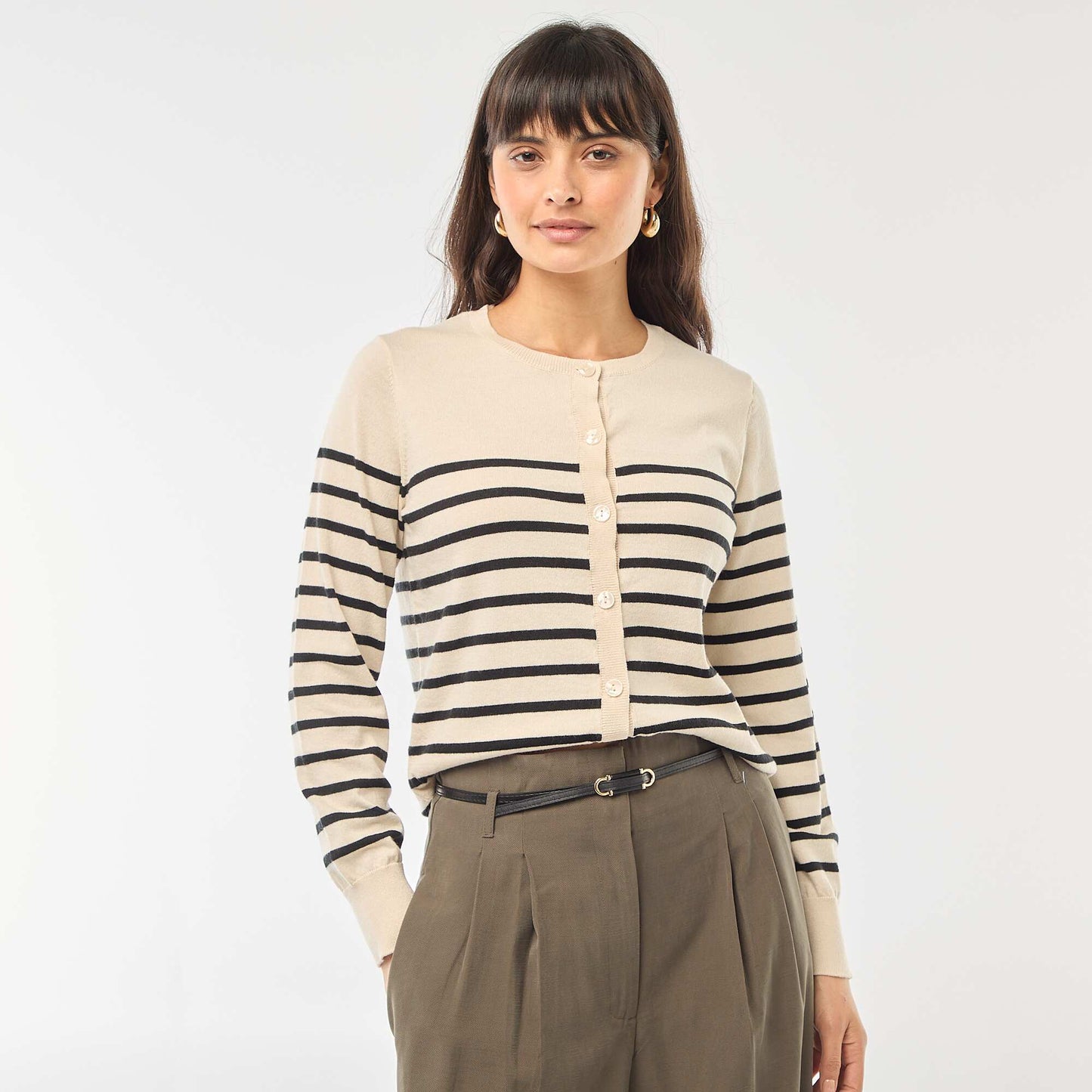 Plain knit cardigan with round neck BEIGE