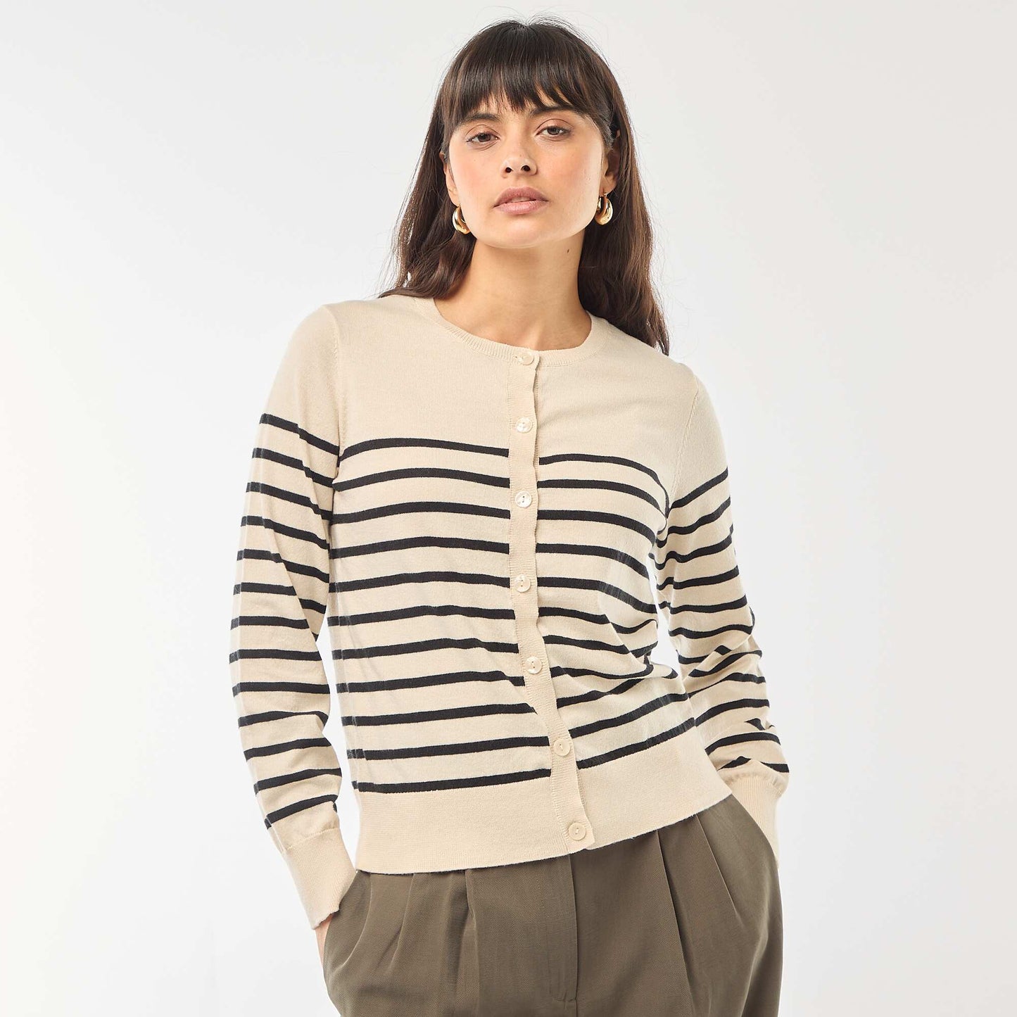 Plain knit cardigan with round neck BEIGE