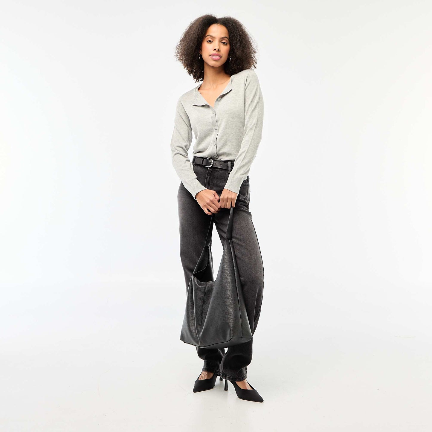 Solid Color Crew Neck Cardigan GREY