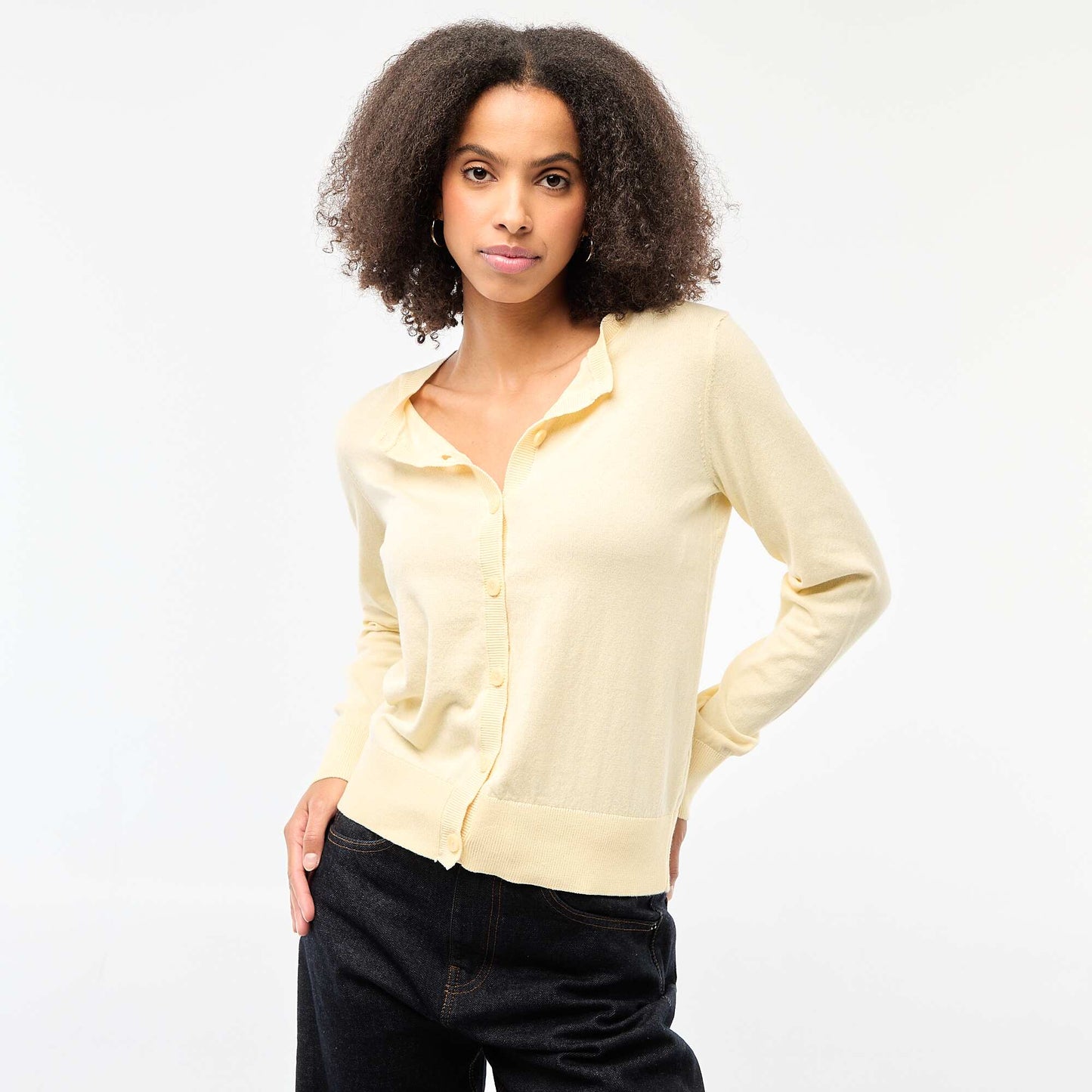 Plain Knit Cardigan with Round Neck YELLOW