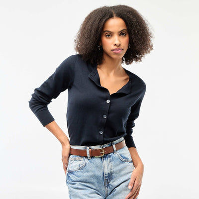 Solid Color Round Neck Cardigan BLUE