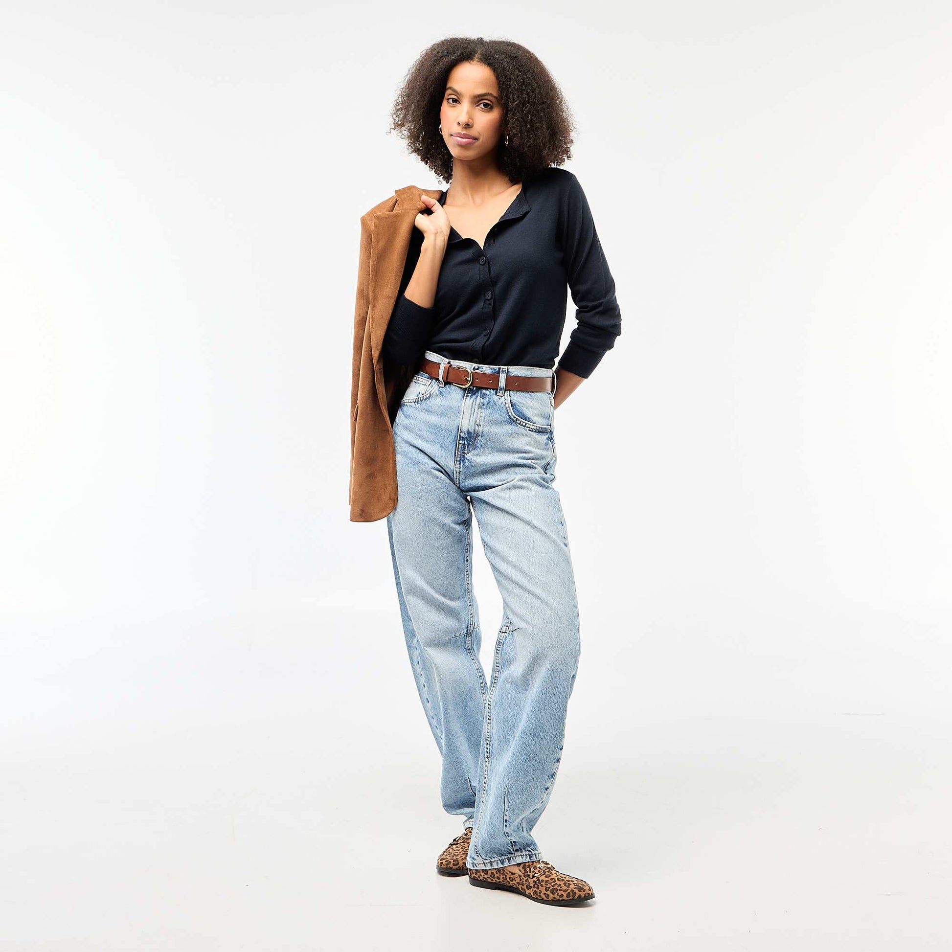 Solid Color Round Neck Cardigan BLUE