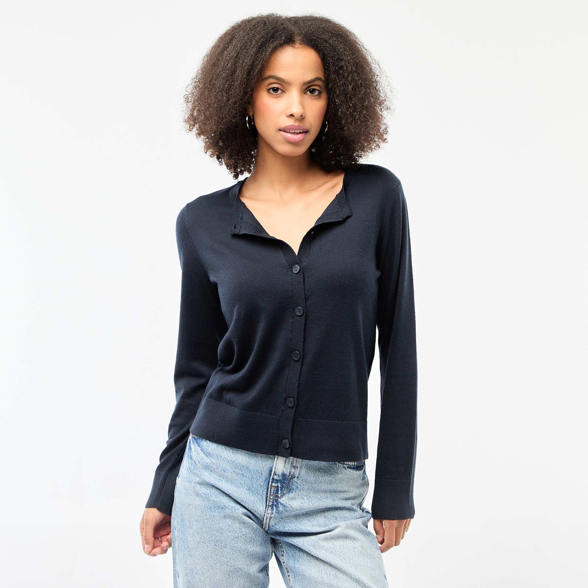 Solid Color Round Neck Cardigan BLUE