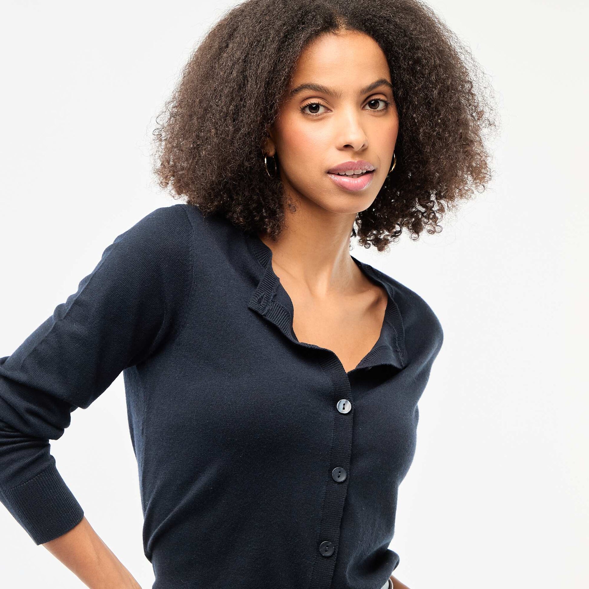 Solid Color Round Neck Cardigan BLUE