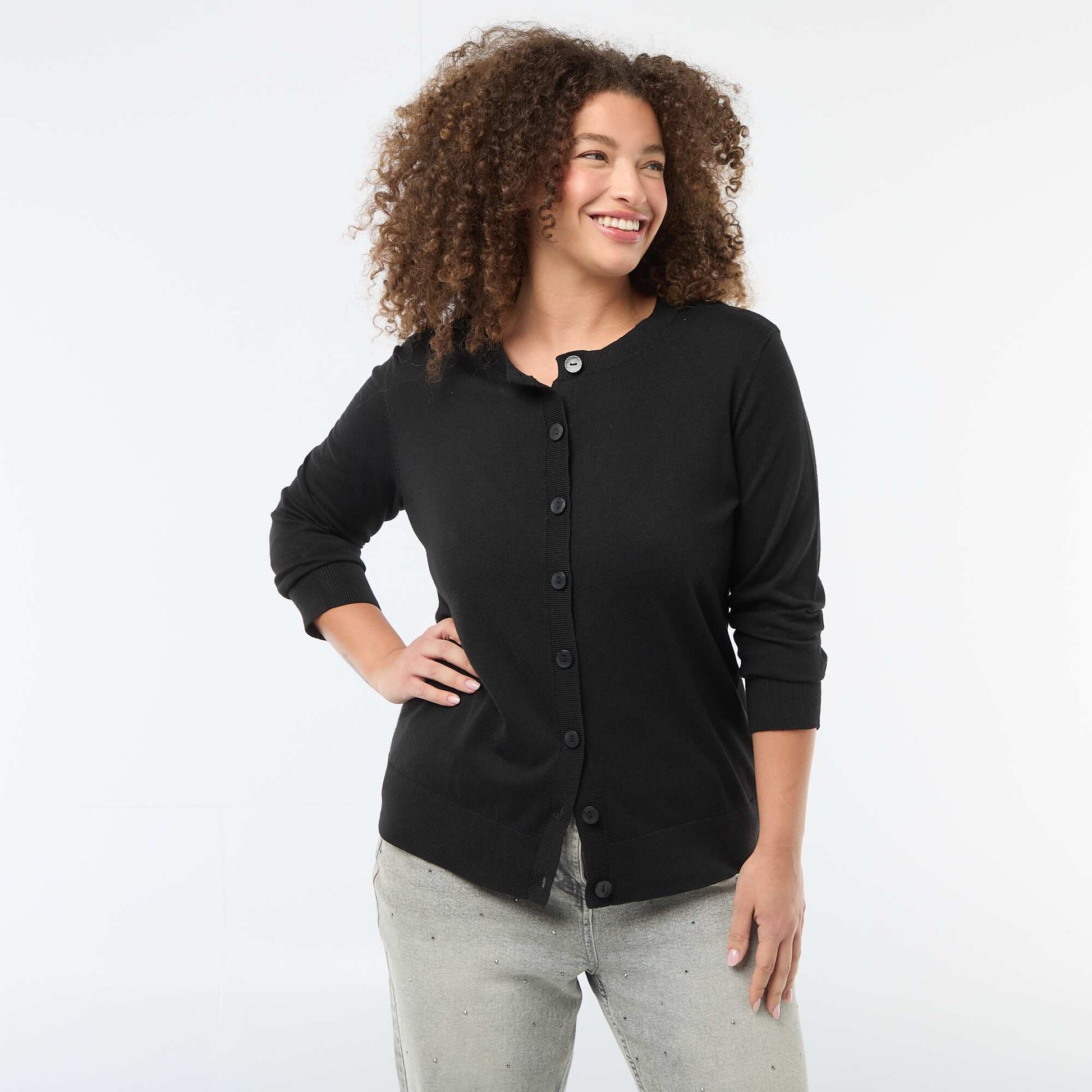 Plain knit cardigan BLACK