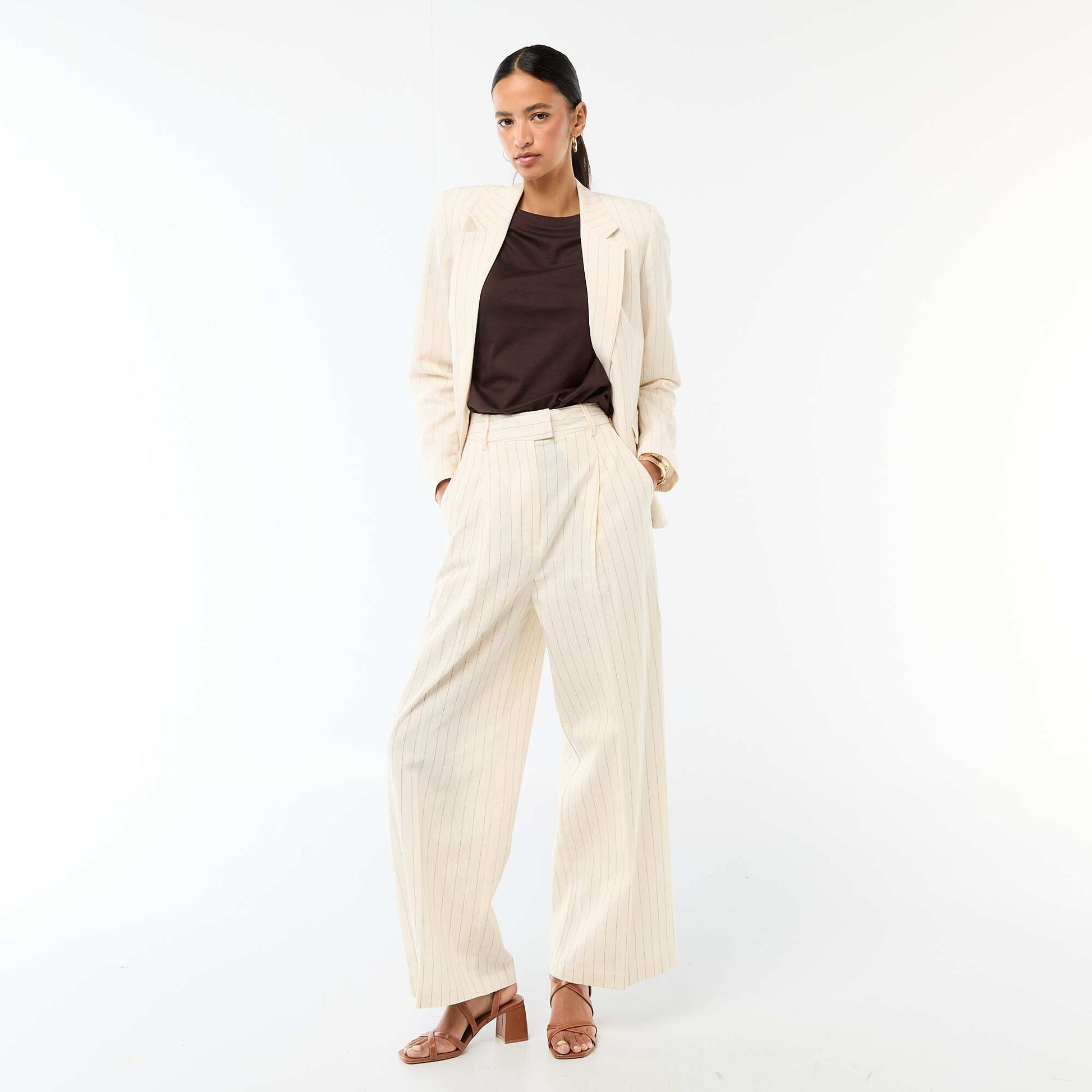Wide-Leg Linen Blend Occasion Trousers BEIGE