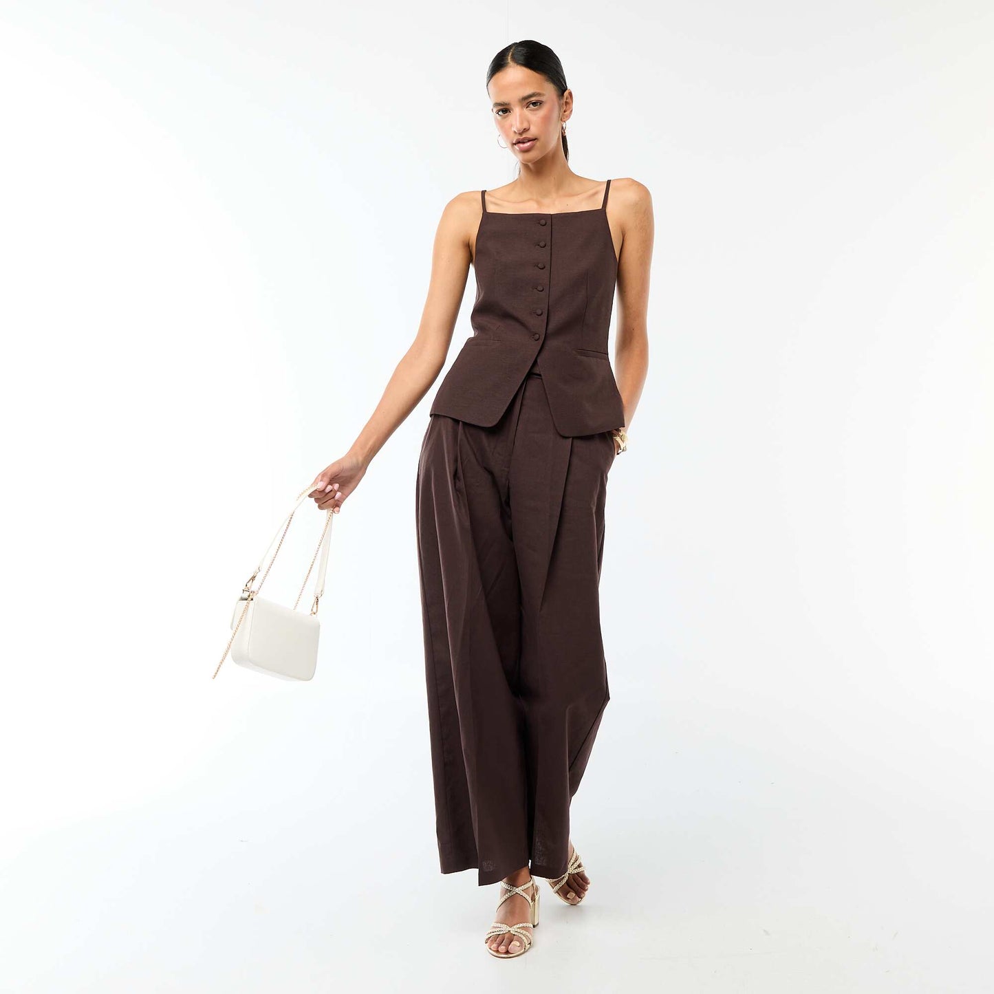 Wide-Leg Linen Blend Occasion Trousers BROWN