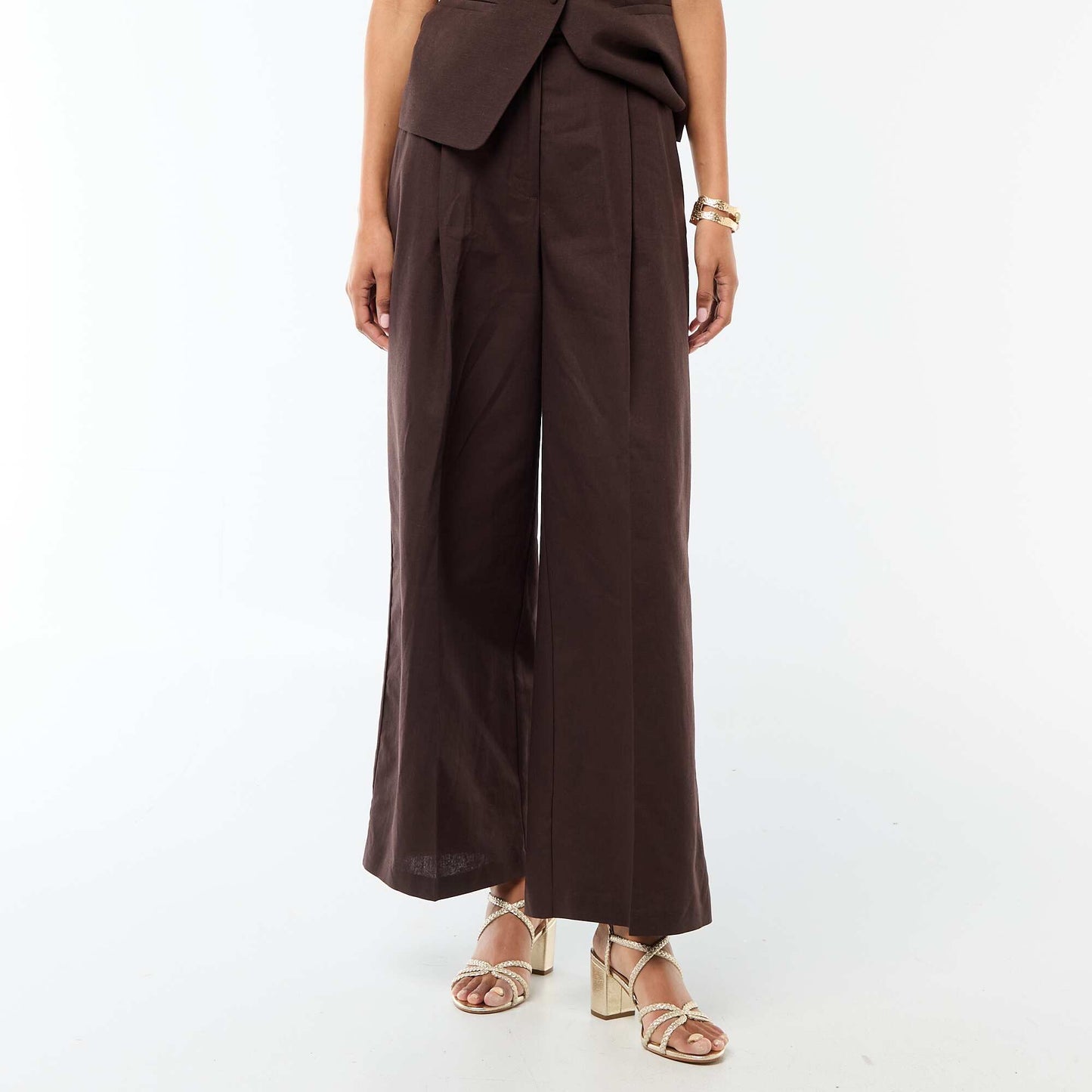 Wide-Leg Linen Blend Occasion Trousers BROWN