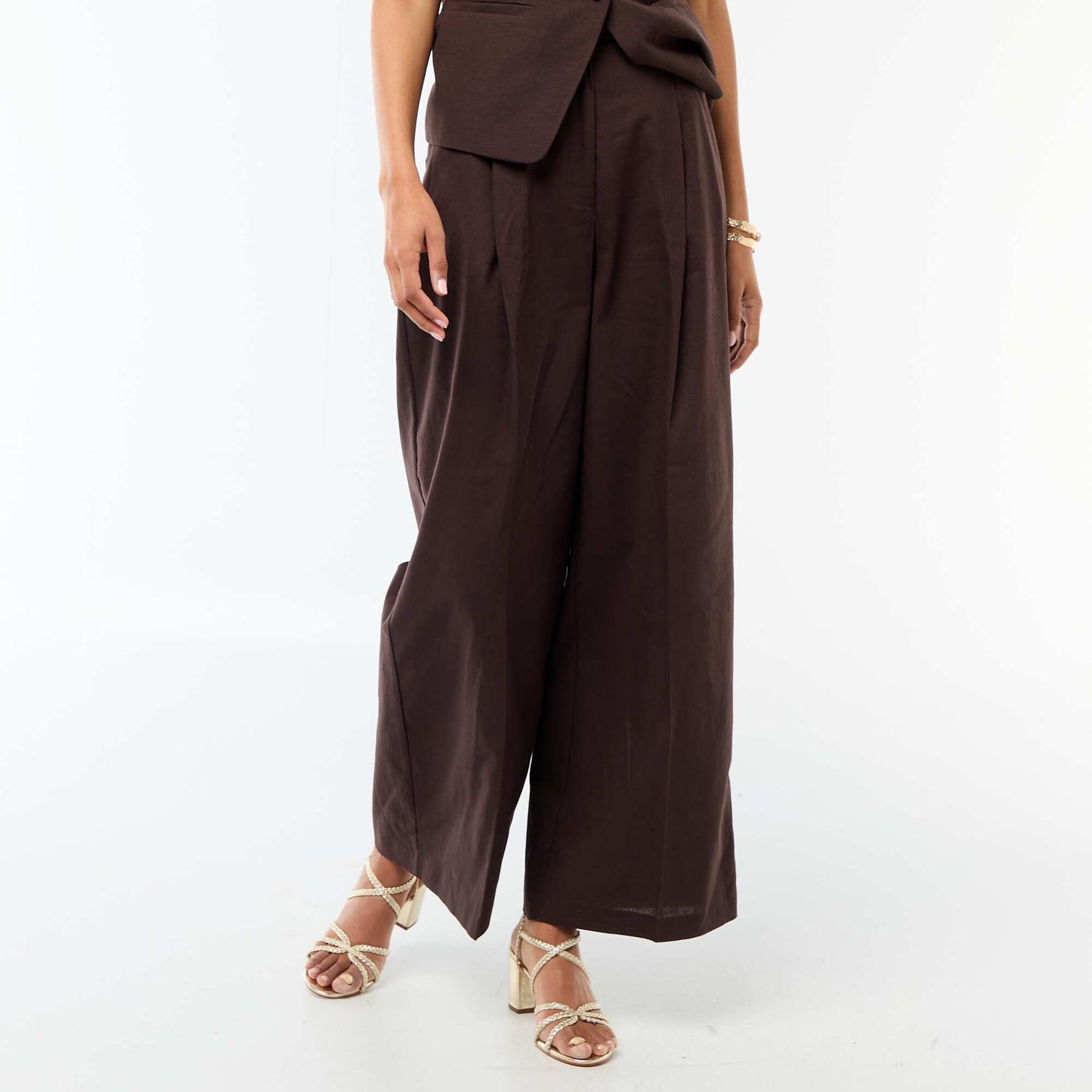 Wide-Leg Linen Blend Occasion Trousers BROWN