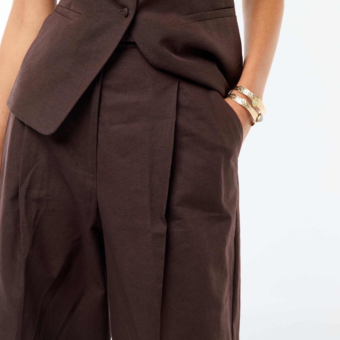 Wide-Leg Linen Blend Occasion Trousers BROWN