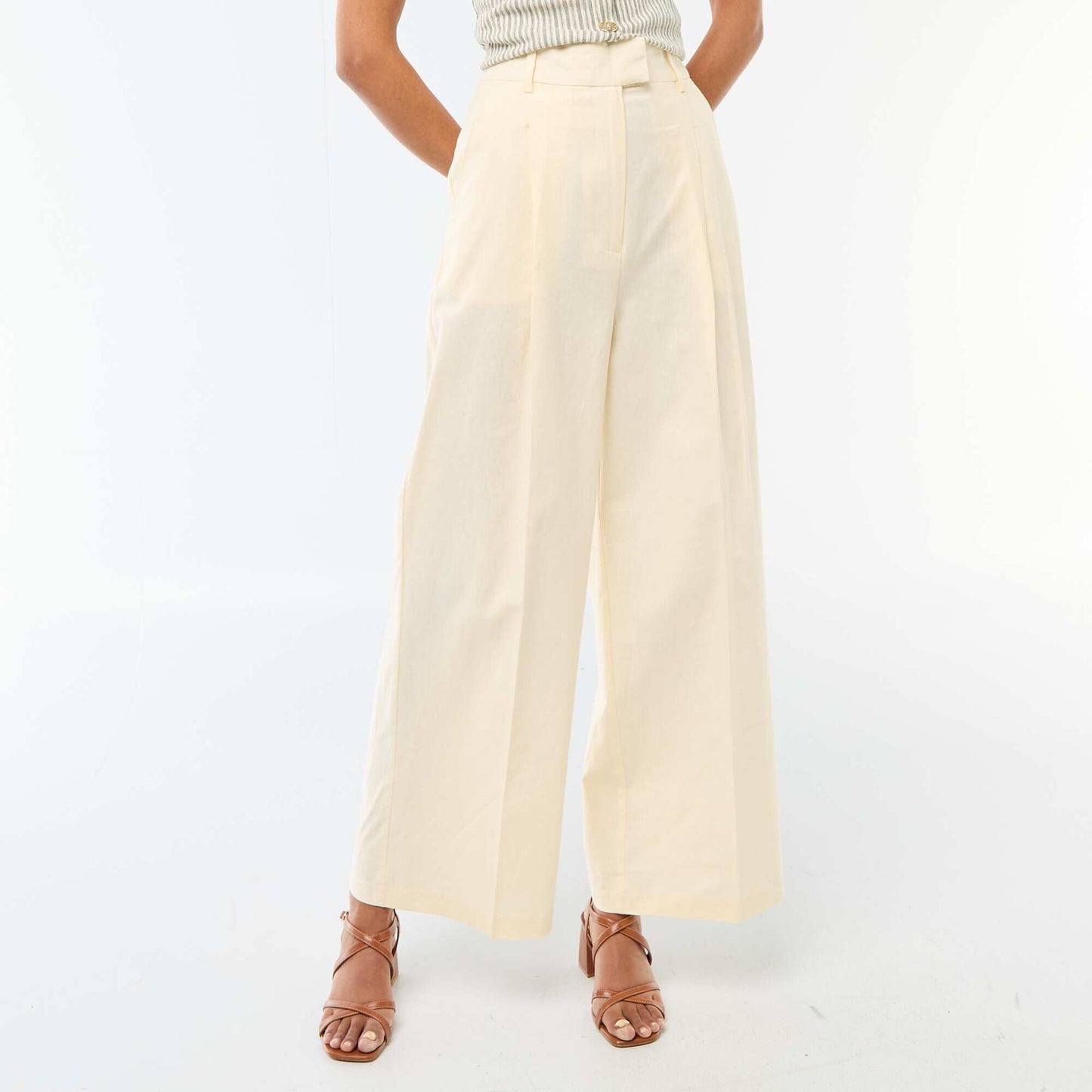 Wide-Leg Linen Blend Occasion Trousers BEIGE