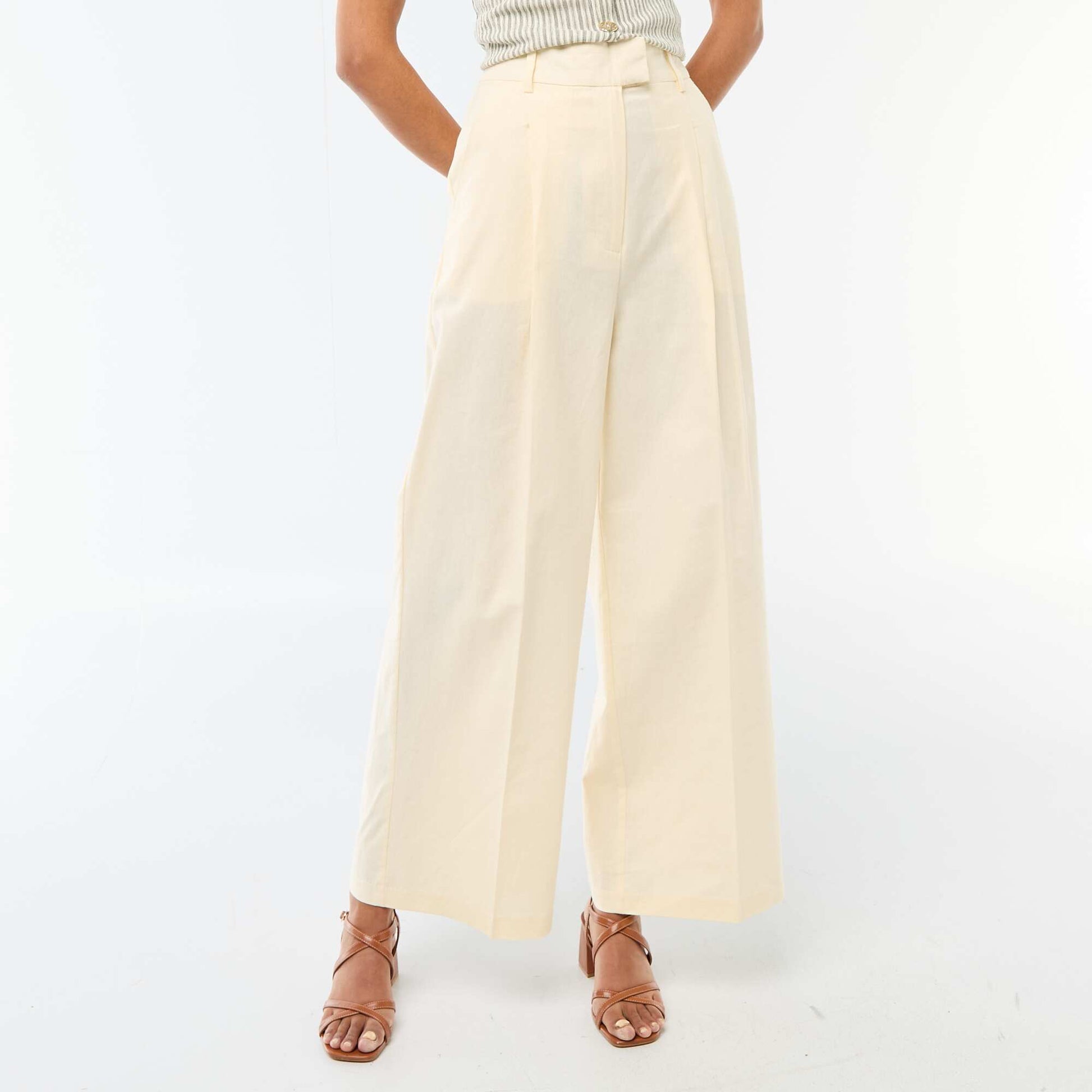 Wide-Leg Linen Blend Occasion Trousers BEIGE