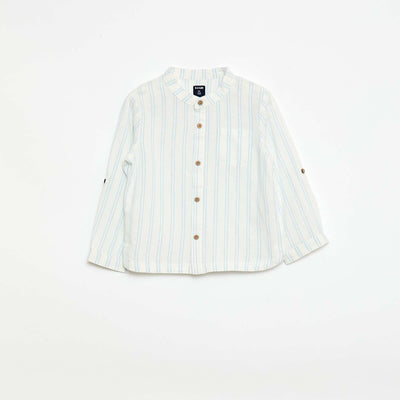 Mandarin Collar Shirt with Roll-Up Sleeves WHITE