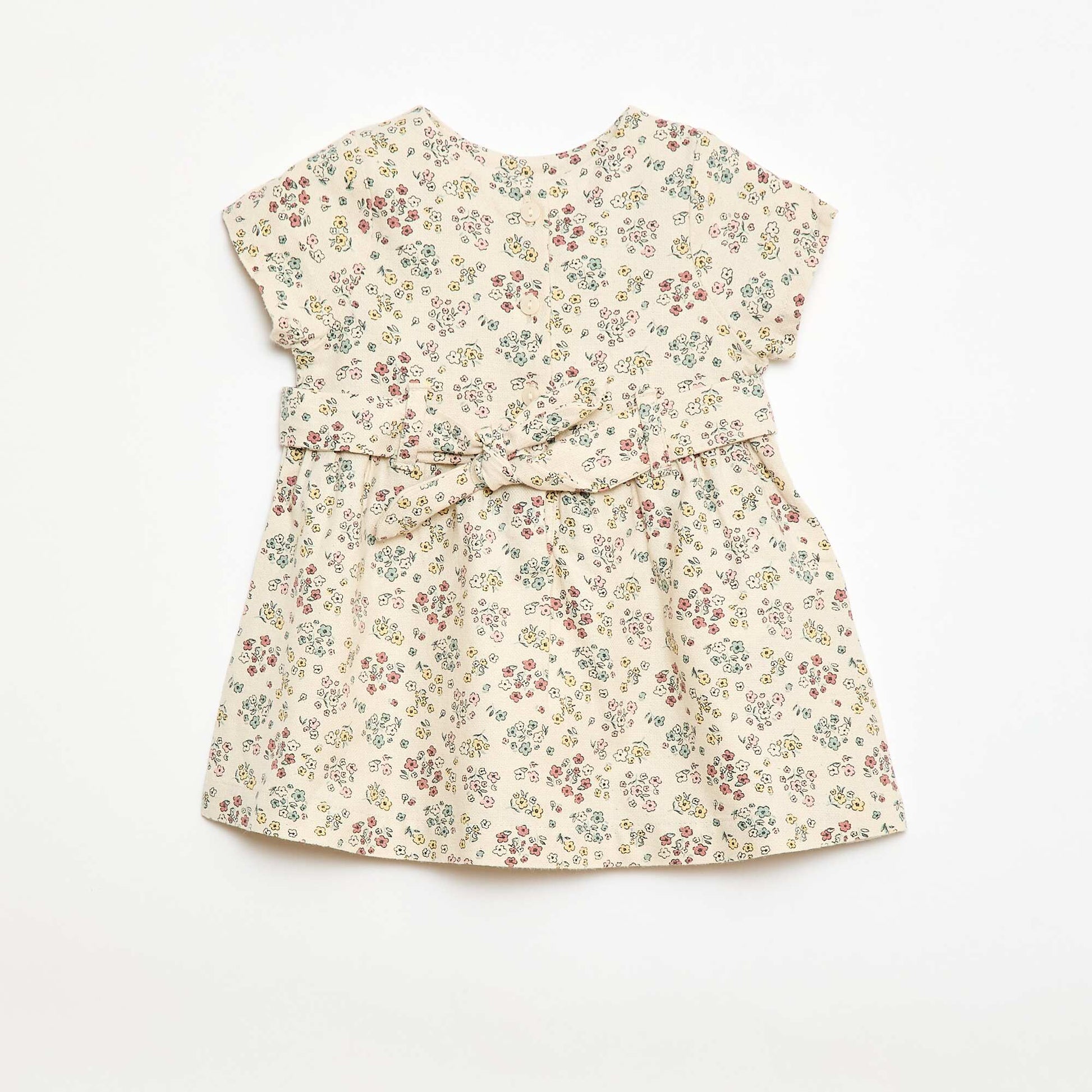 Mixed Linen Dress with Belt WHITE