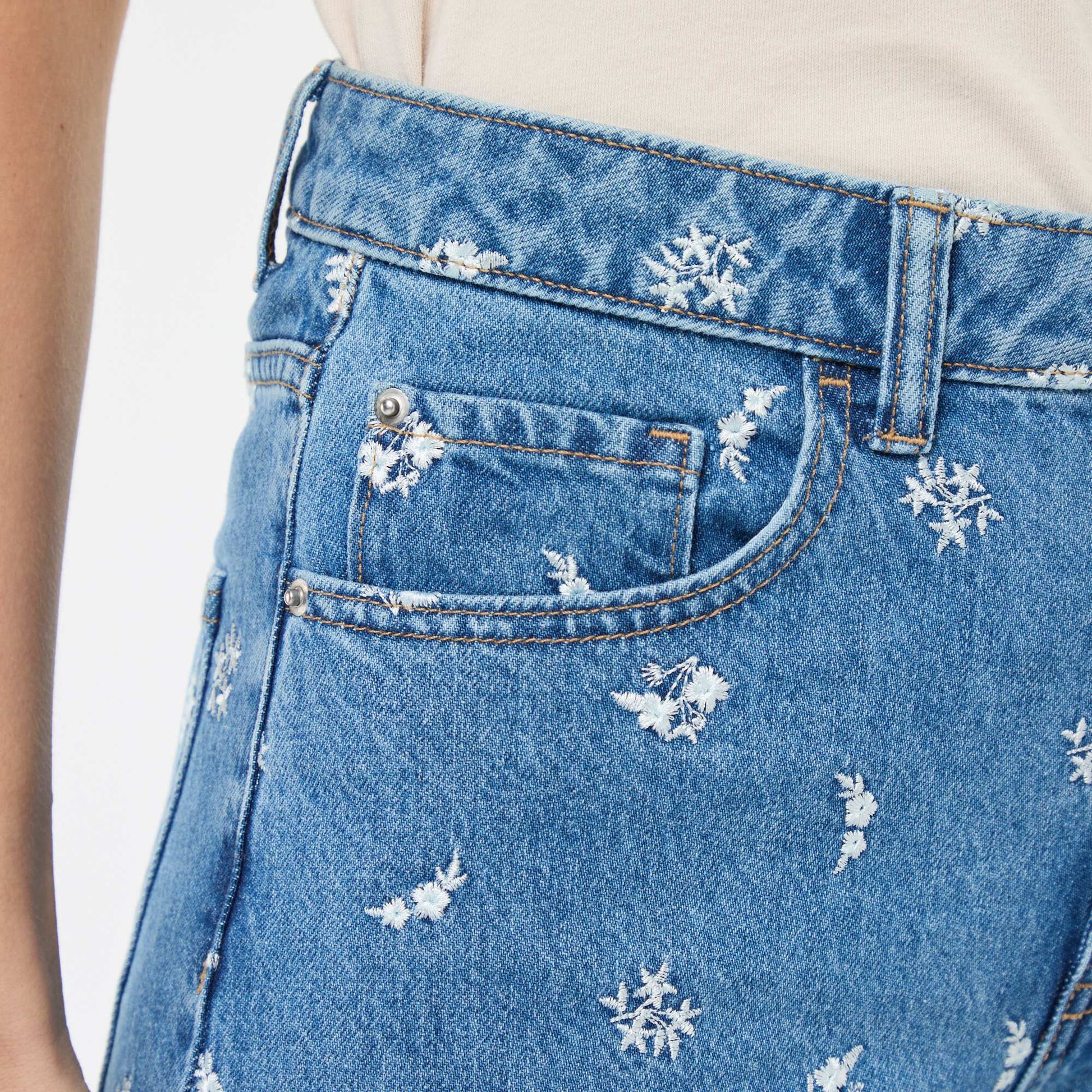 Regular Fit Cotton Jean with All-Over Embroidery BLUE