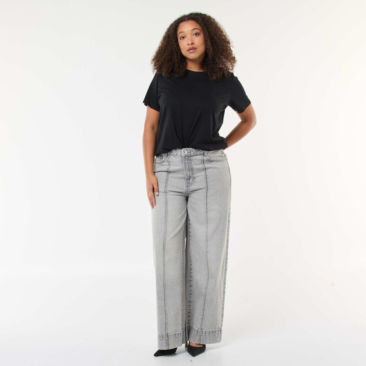 Wide Leg High-Waisted Jeans with Front Pleats GREY