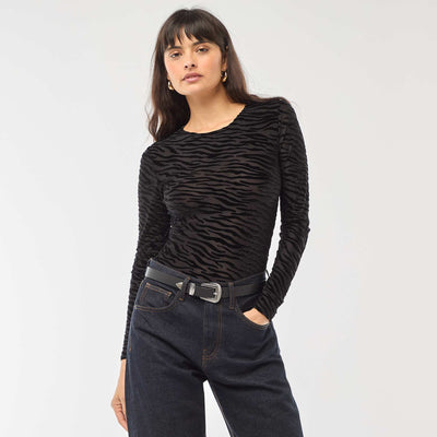 Zebra Flock Sheer Long Sleeve Bodysuit BLACK