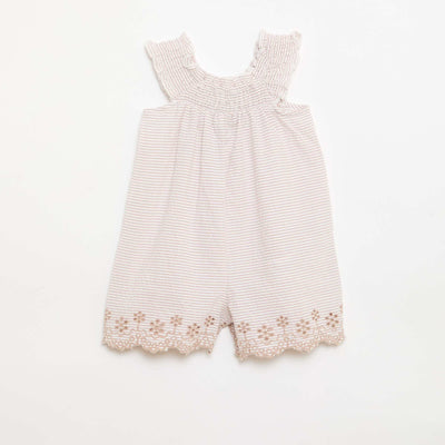 Striped Seersucker Short Romper with Smocking and Embroidery BEIGE