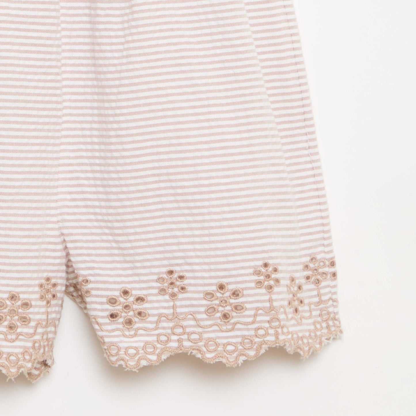 Striped Seersucker Short Romper with Smocking and Embroidery BEIGE