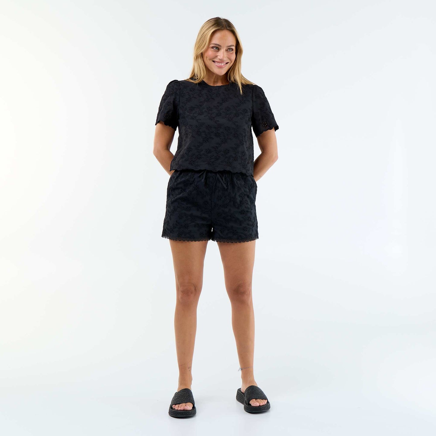 Short-Sleeve Broderie Anglaise Cotton Top BLACK