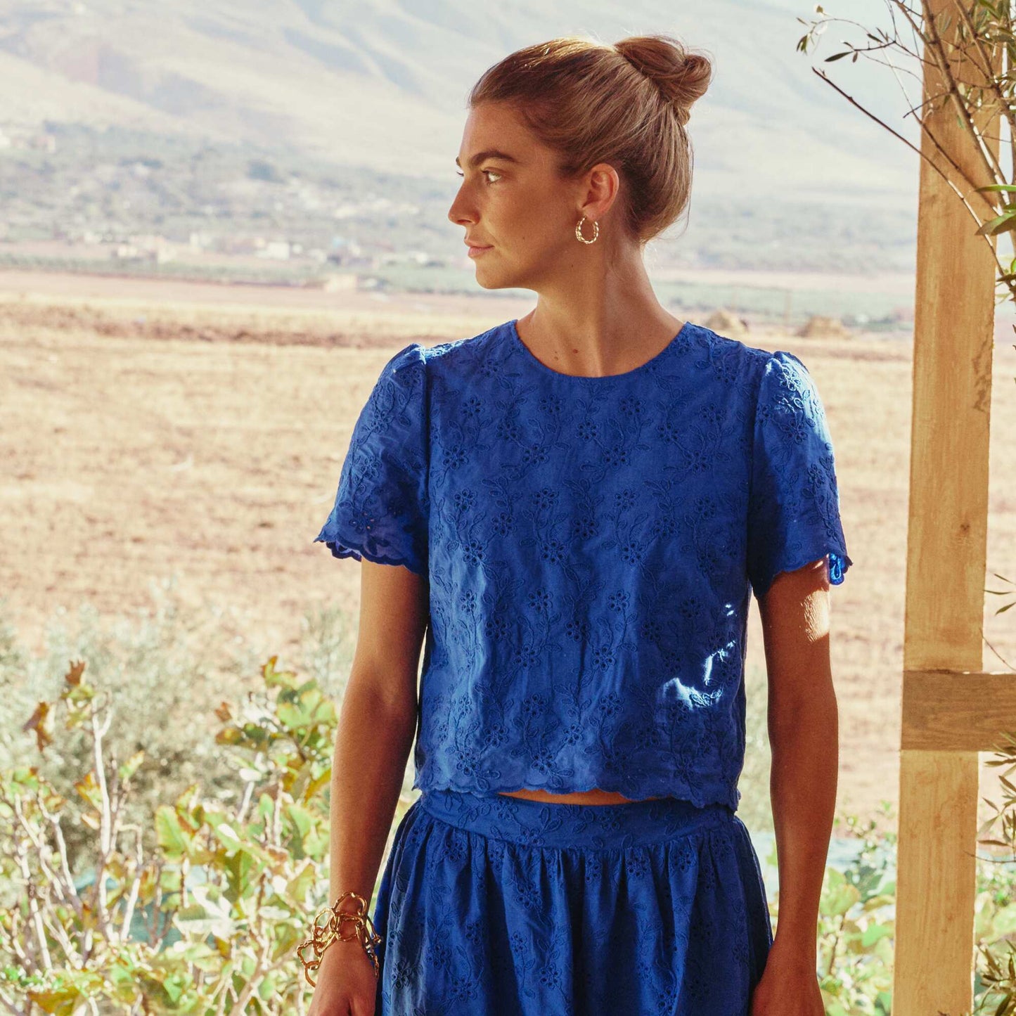 Short-Sleeve Broderie Anglaise Cotton Top BLUE