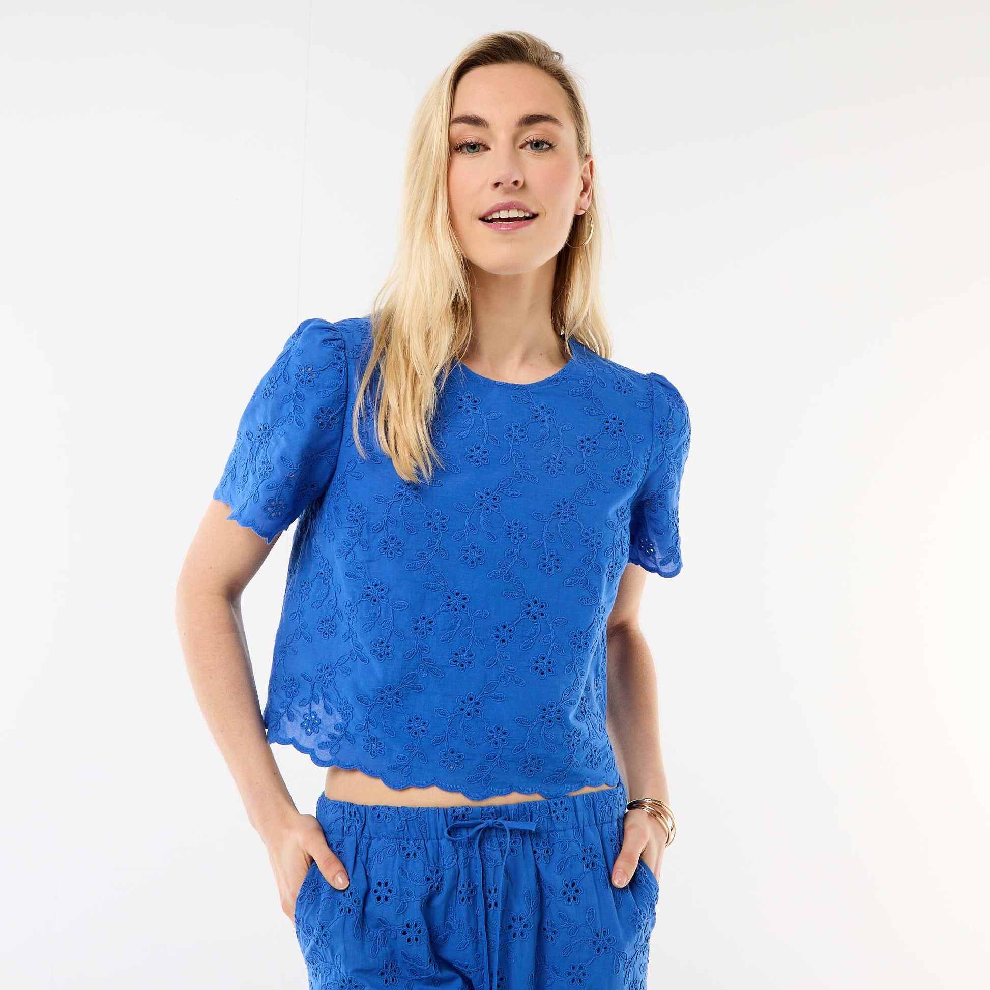 Short-Sleeve Broderie Anglaise Cotton Top BLUE