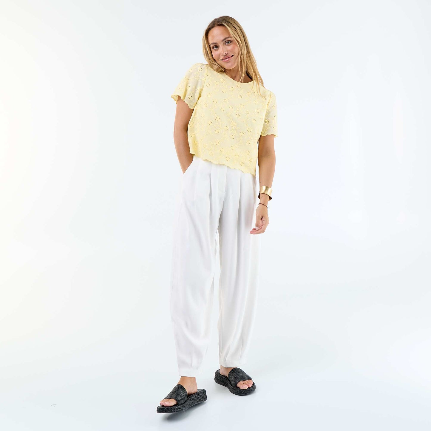Short-Sleeve Broderie Anglaise Cotton Top YELLOW