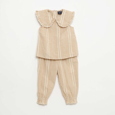 Gingham 2-piece blouse and trousers set BROWN