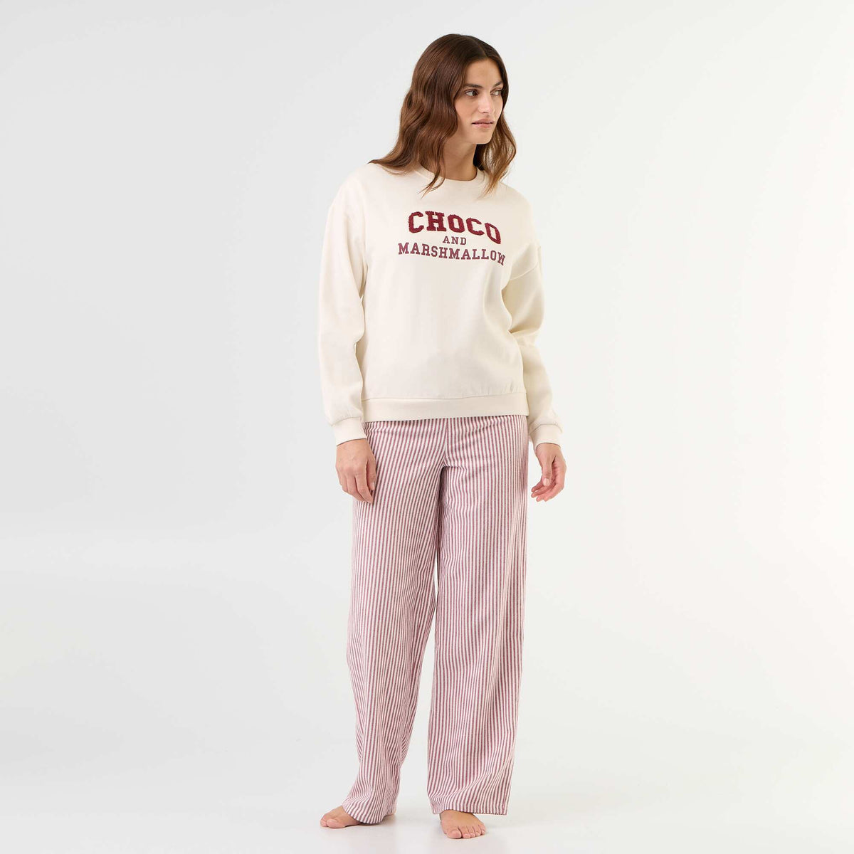 Long fleece top + wide-leg trousers pyjama set - 2 pieces WHITE