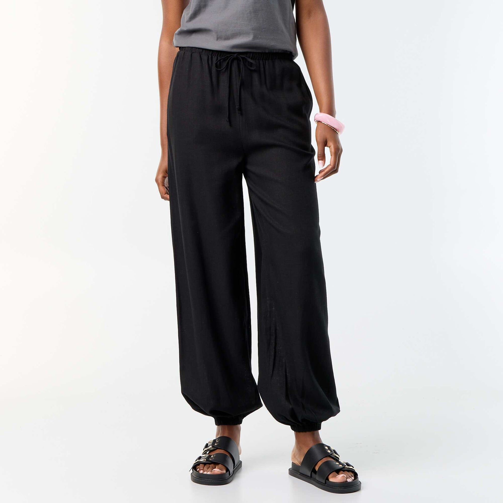 Solid Color Balloon Fit Trousers with 2 Pockets BLACK