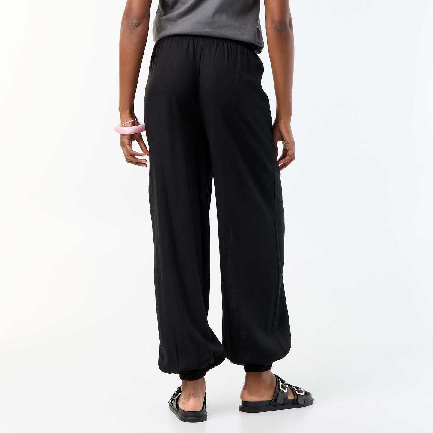 Solid Color Balloon Fit Trousers with 2 Pockets BLACK