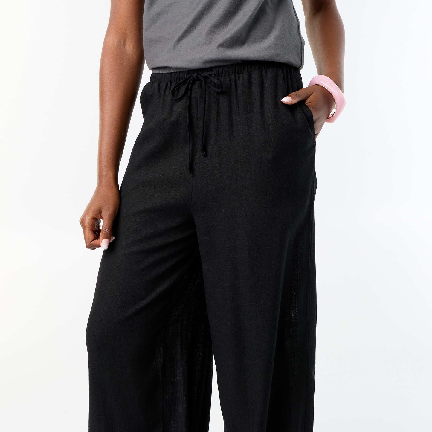Solid Color Balloon Fit Trousers with 2 Pockets BLACK