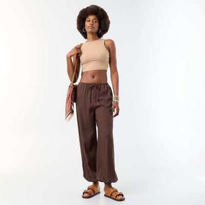 Solid Color Balloon Fit Trousers with 2 Pockets BROWN